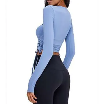 MAXHONG Long Sleeve Yoga Tops for Women, Quick Dry Workout Shirts Side Drawstring Ruched Slim Sports Gym Tops Ice Blue