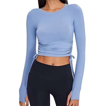 MAXHONG Long Sleeve Yoga Tops for Women, Quick Dry Workout Shirts Side Drawstring Ruched Slim Sports Gym Tops Ice Blue
