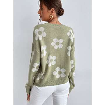 OYOANGLE Women's Ribbed Knit Long Sleeve Top Floral Drop Shoulder Loose Sweater Green M