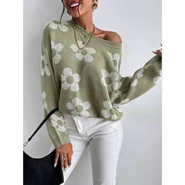OYOANGLE Women's Ribbed Knit Long Sleeve Top Floral Drop Shoulder Loose Sweater Green M