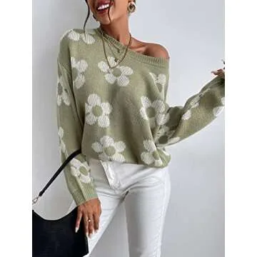 OYOANGLE Women's Ribbed Knit Long Sleeve Top Floral Drop Shoulder Loose Sweater Green M
