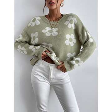 OYOANGLE Women's Ribbed Knit Long Sleeve Top Floral Drop Shoulder Loose Sweater Green M