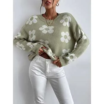 OYOANGLE Women's Ribbed Knit Long Sleeve Top Floral Drop Shoulder Loose Sweater Green M