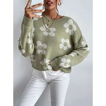 OYOANGLE Women's Ribbed Knit Long Sleeve Top Floral Drop Shoulder Loose Sweater Green M