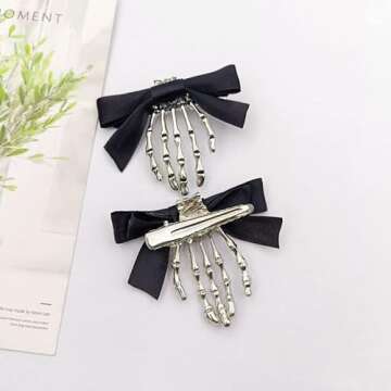 Utavu 2Pcs Skeleton Hand Hair Clips with Bowknot - Cute Skull Claw Hairpins for Girls, Party Cosplay