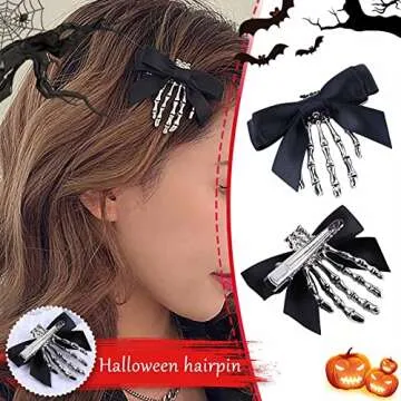 Utavu 2Pcs Skeleton Hand Hair Clips with Bowknot - Cute Skull Claw Hairpins for Girls, Party Cosplay
