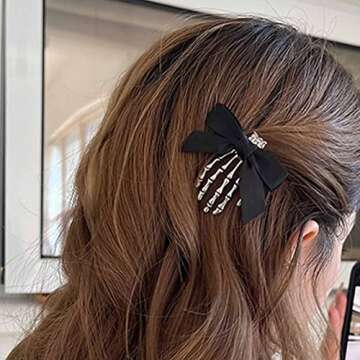 Utavu 2Pcs Skeleton Hand Hair Clips with Bowknot - Cute Skull Claw Hairpins for Girls, Party Cosplay