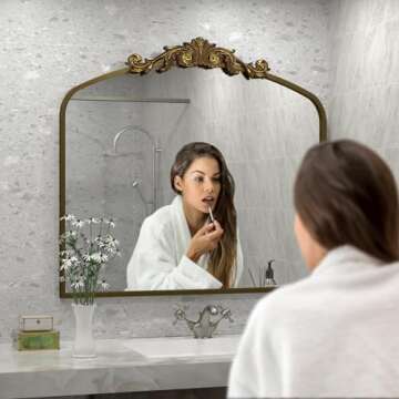 SMIROR Arched Gold Antique Mirror 36Wx 30L, Arch Vintage Mirror Over Fireplace, Metal Framed Baroque...