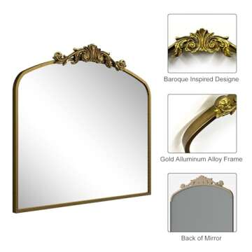 SMIROR Arched Gold Antique Mirror 36Wx 30L, Arch Vintage Mirror Over Fireplace, Metal Framed Baroque Mirror for Bathroom Vanity Mantel