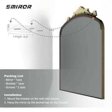 SMIROR Arched Gold Antique Mirror 36Wx 30L, Arch Vintage Mirror Over Fireplace, Metal Framed Baroque Mirror for Bathroom Vanity Mantel