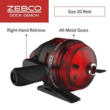 Zebco Dock Demon Spincast Reel and Fishing Rod Combo, 30-Inch 1-Piece Fiberglass Fishing Pole with EVA Handle, QuickSet Anti-Reverse Fishing Reel, Pre-Spooled with 6-Pound Zebco Line, Red, 20