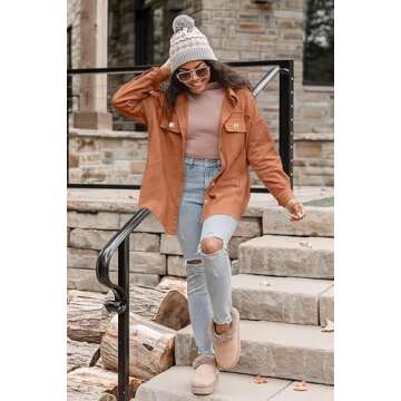 VICHYIE Womens Shacket Shirts Casual Long Sleeve Corduroy Oversized Button Down Blouses Tops Jacket Fall Outwear Coat Brown L