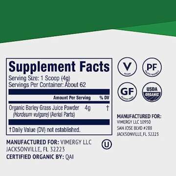 Vimergy Barley Grass Juice Powder – Clean Superfood Formula – Promotes Cardiovascular Health* – Organic, Vegan & Gluten-Free – Regular Size 250g