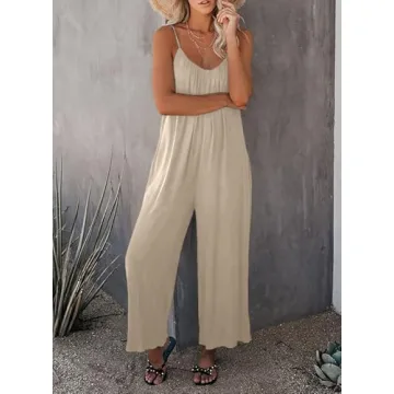 Dokotoo Women's Loose Plus Size Jumpsuits for Women Adjustable Spaghetti Strap Stretchy Wide Leg Solid One Piece Sleeveless Long Pant Romper Jumpsuit with Pockets Apricot Large