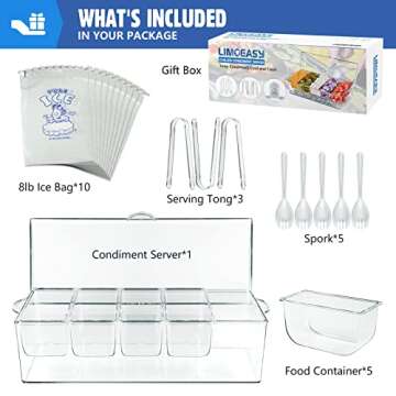 LIMOEASY Chilled Condiment Server - 5 Compartment Clear Garnish Tray with Lid for Parties and BBQs