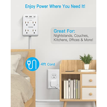 Flat Plug Multi Outlet Extender with USB Charger