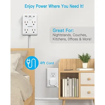 Flat Plug Multi Outlet Extender with USB Charger