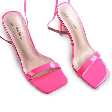 Zhabtuc Women Strappy Heeled Sandals, 4.3 inch Stilettos Ankle Strap Lace Up Square Toe High Heels Sandals Party Evening Sandals Shoes Hot Pink Size 8.5