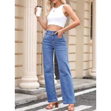 Sidefeel Women's Wide Leg Jeans High Waisted Straight Leg Stretchy Jeans Tummy Control Trendy Loose Ankle Jeans Sky Blue Size 8
