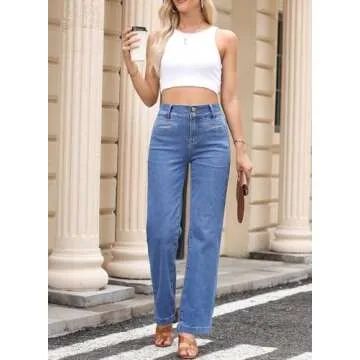 Sidefeel Women's Wide Leg Jeans High Waisted Straight Leg Stretchy Jeans Tummy Control Trendy Loose Ankle Jeans Sky Blue Size 8