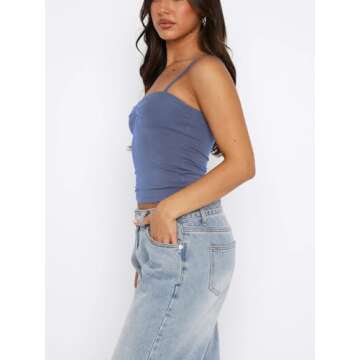 ForeFair Women Y2K Sweetheart Neck Sleeveless Crop Tank Tops Backless Spaghetti Strap Pleated Bustier Camis Going Out Top(S,Ash Blue)