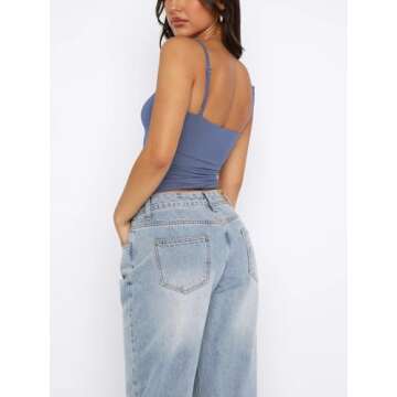 ForeFair Women Y2K Sweetheart Neck Sleeveless Crop Tank Tops Backless Spaghetti Strap Pleated Bustier Camis Going Out Top(S,Ash Blue)