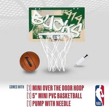 Franklin Sports NBA Milwaukee Bucks Over The Door Basketball Hoop - Kids Indoor Hoop with Mini Baske...
