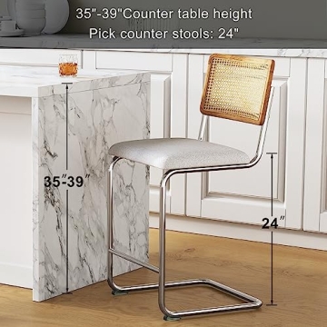 GrandNoor Rattan Counter Height Stools Set of 2 with Solid Wood Back, 24 Inch Mid Century Modern Cesca Bar Stools (White, 1PC-24'' Counter Height Stool)