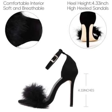 YIBLBOX Black Stiletto Heels for Women, Party Dance Heels Sexy Heels Women Boudoir Black Womens Heels Sexy Women Feather Heels Open Toe Sandal for Christmas Party Dance Prom Dressy Comfort Shoes