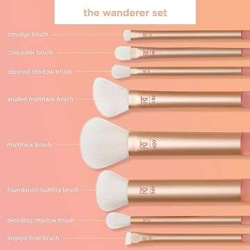 Real Techniques 9 Piece The Wanderer Makeup Brush Set, For Liquid, Cream, & Powder Eyeshadow, Foundation, Concealer, Blush, & Contour, Travel Midi-Size Brushes, Cruelty-Free, Synthetic Bristles