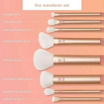 Real Techniques 9 Piece The Wanderer Makeup Brush Set, For Liquid, Cream, & Powder Eyeshadow, Foundation, Concealer, Blush, & Contour, Travel Midi-Size Brushes, Cruelty-Free, Synthetic Bristles