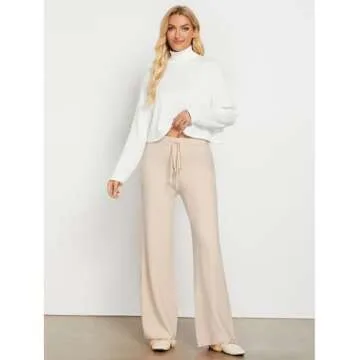 GRAPENT Women's Ribbed Knit Flowy Winter Pants Elastic Waist Tie Front Wide Leg Sweater Pants Heather Sand Medium Size 8 to 10