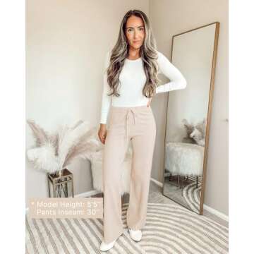 GRAPENT Women's Ribbed Knit Flowy Winter Pants Elastic Waist Tie Front Wide Leg Sweater Pants Heather Sand Medium Size 8 to 10