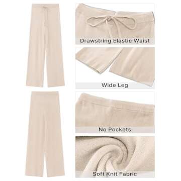 GRAPENT Women's Ribbed Knit Flowy Winter Pants Elastic Waist Tie Front Wide Leg Sweater Pants Heather Sand Medium Size 8 to 10