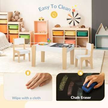 Curipeer 4 in 1 Kids Table and Chair Set, Table and Chairs for Toddlers 2-5 with 2 Reversible Blackboard, Children's Table with Storage for Activity/Play/Art/Read/Craft, White and Natural Color