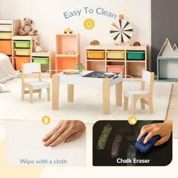 Curipeer 4 in 1 Kids Table and Chair Set, Table and Chairs for Toddlers 2-5 with 2 Reversible Blackboard, Children's Table with Storage for Activity/Play/Art/Read/Craft, White and Natural Color