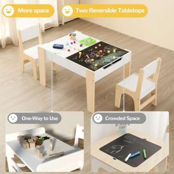 Curipeer 4 in 1 Kids Table and Chair Set, Table and Chairs for Toddlers 2-5 with 2 Reversible Blackboard, Children's Table with Storage for Activity/Play/Art/Read/Craft, White and Natural Color