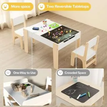 Curipeer 4 in 1 Kids Table and Chair Set, Table and Chairs for Toddlers 2-5 with 2 Reversible Blackboard, Children's Table with Storage for Activity/Play/Art/Read/Craft, White and Natural Color