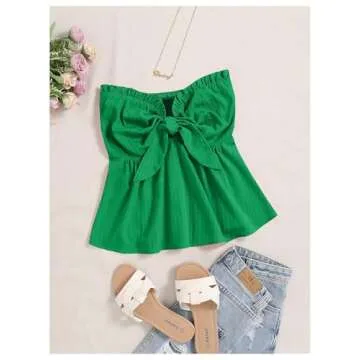 SOLY HUX Women's Frill Trim Tie Front Tube Top Sleeveless Strapless Ruffle Summer Tops