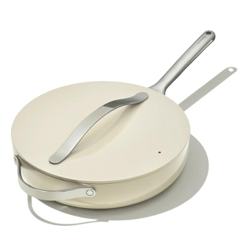 Caraway Nonstick Ceramic Sauté Pan with Lid (4.5 qt, 11.8") - Non Toxic, PTFE & PFOA Free - Oven Safe & Compatible with All Stovetops (Gas, Electric & Induction) - Cream