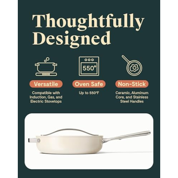 Caraway Nonstick Ceramic Sauté Pan with Lid (4.5 qt, 11.8") - Non Toxic, PTFE & PFOA Free - Oven Safe & Compatible with All Stovetops (Gas, Electric & Induction) - Cream