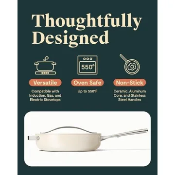 Caraway Nonstick Ceramic Sauté Pan with Lid (4.5 qt, 11.8") - Non Toxic, PTFE & PFOA Free - Oven Safe & Compatible with All Stovetops (Gas, Electric & Induction) - Cream