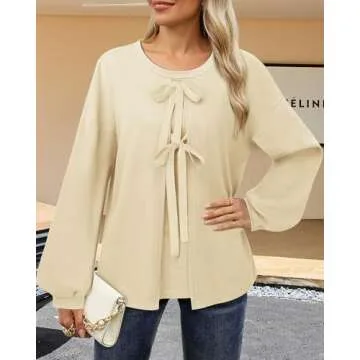 Vivilli Women Bow Sweater Dressy Tops for Women Fall Winter Spring Shirts Puff Long Sleeve Business Casual Blouses Cute Sweatshirts Trendy Work Outfits Knit Ladies Tunic Tops for Leggings Beige M