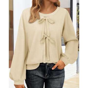 Vivilli Women Bow Sweater Dressy Tops for Women Fall Winter Spring Shirts Puff Long Sleeve Business Casual Blouses Cute Sweatshirts Trendy Work Outfits Knit Ladies Tunic Tops for Leggings Beige M