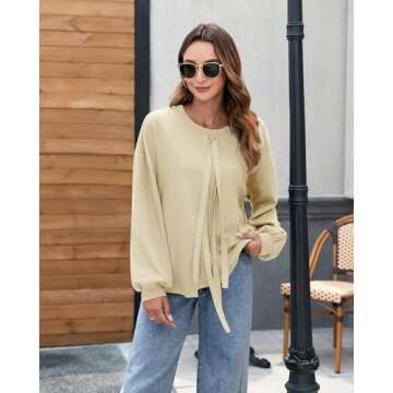 Vivilli Women Bow Sweater Dressy Tops for Women Fall Winter Spring Shirts Puff Long Sleeve Business Casual Blouses Cute Sweatshirts Trendy Work Outfits Knit Ladies Tunic Tops for Leggings Beige M