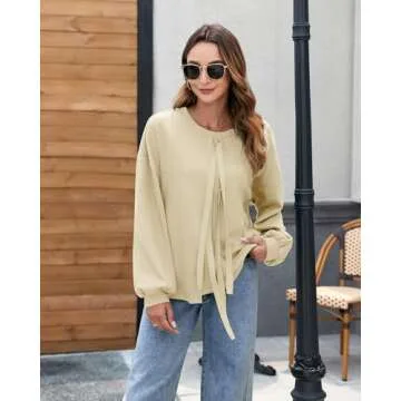 Vivilli Women Bow Sweater Dressy Tops for Women Fall Winter Spring Shirts Puff Long Sleeve Business Casual Blouses Cute Sweatshirts Trendy Work Outfits Knit Ladies Tunic Tops for Leggings Beige M