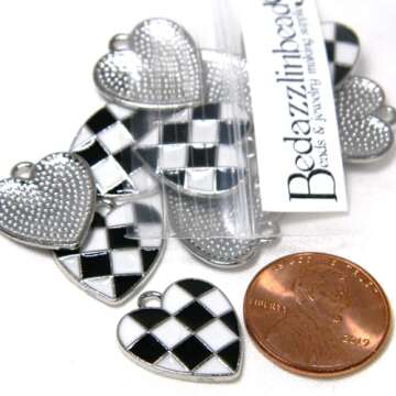 Bedazzlinbeads 12 Black & White Checkered Racing Flag Heart Shaped Silver & Enamel Race Finish Silver Metal Charms