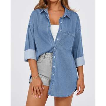 BTFBM Womens Button Down Denim Shirts Fall Lapel V Neck Lightweight Oversized Long Sleeve Thin Casua...