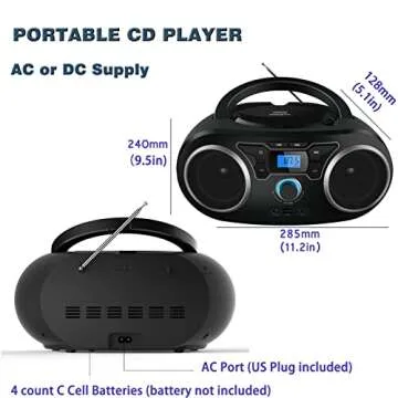 Portable CD Player Boombox, with Bluetooth FM Radio USB MP3 Playback,CD-R/CD-RW,CD-MP3 Player,AC/DC Operated