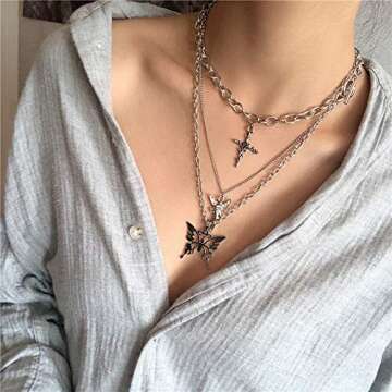 YERTTER Dainty Punk Layering Chunky Chain Choker Toggle Necklace Boho Jewelry Set Layered Butterfly ...